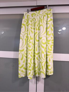 White and Lime Green Cotton Lined Printed Midi Skirt